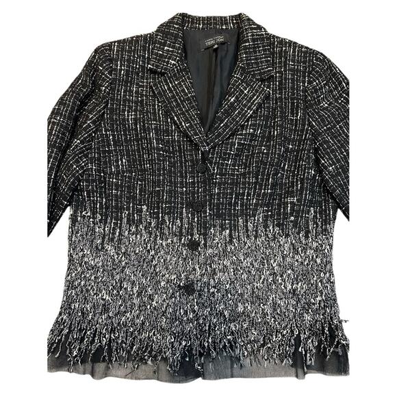 Rickie Freeman Teri Jon Tweed Black White Fringe wool blend Blazer Size 14 - Picture 4 of 16